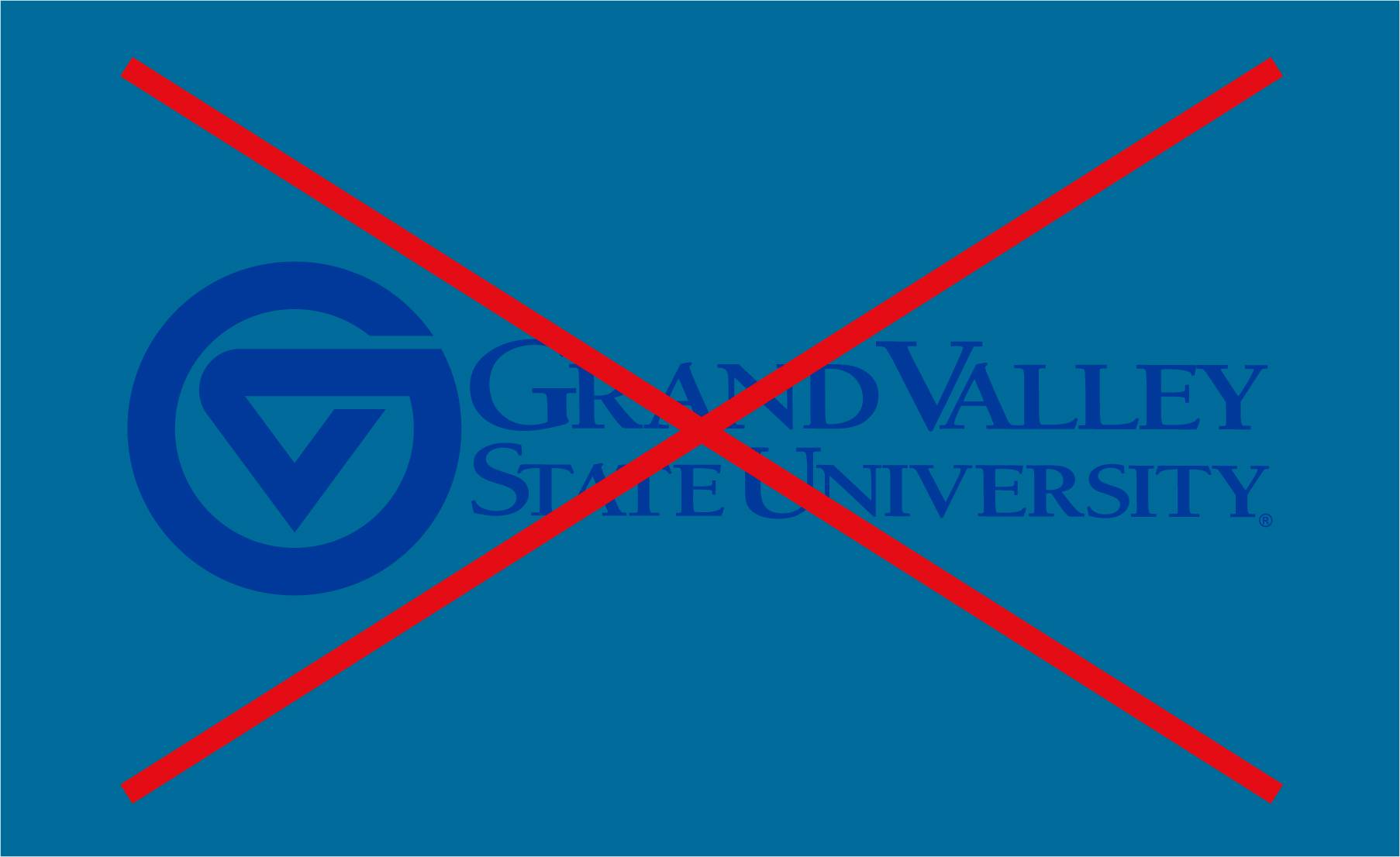 A dark blue Grand Valley logo on a dark blue background. The background is minimally lighter than the logo, making it difficult to read. A red X overlays it.